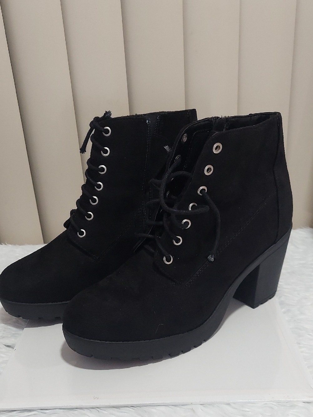 Classic Black Lace-Up Block Heel Ankle Boots - Women's